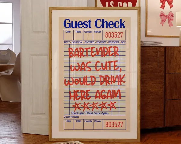 Guest Check Print, Bartender Was Cute Bar Wall Art