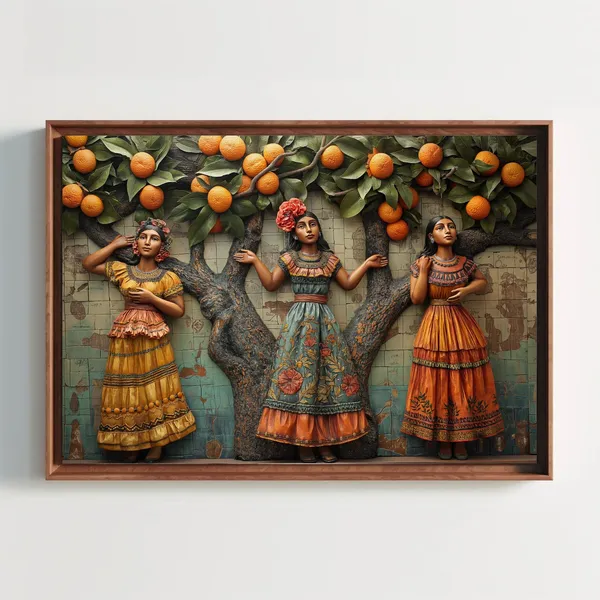 Three Mexican Women Under Orange Tree, 3D Illusion Art Print