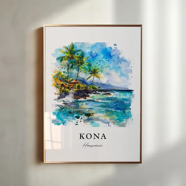 Kona Hawaii Watercolor Travel Poster, Island Art