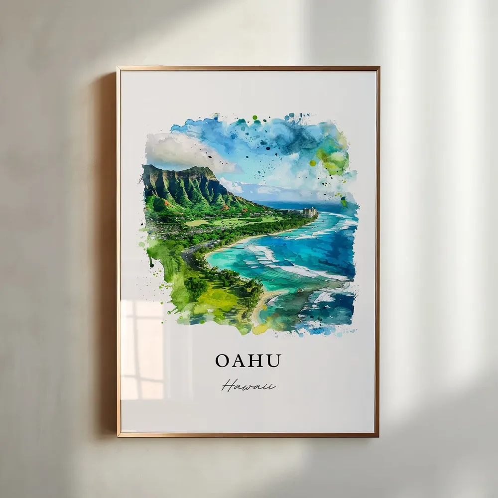Oahu Hawaii Watercolor Honolulu Travel Poster Print
