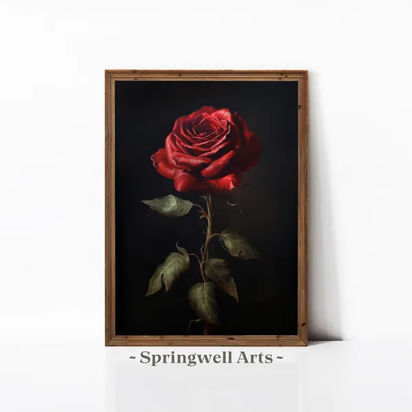 Moody Red Rose Vintage Botanical Art Print