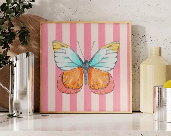 Pink Striped Watercolor Butterfly Art Print, Nursery Decor