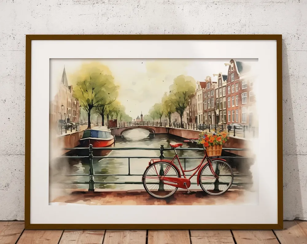 Amsterdam Canal Watercolor Art Print, Europe Travel Poster