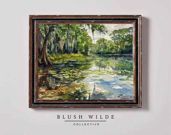 Florida Swamp Watercolor Vintage Landscape Art Print
