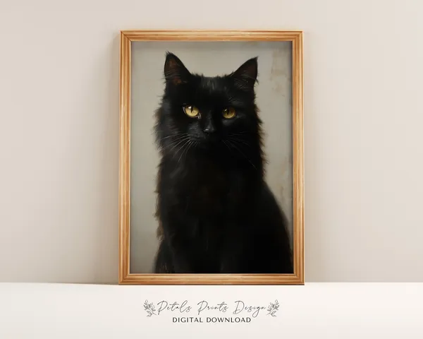 Vintage Halloween Cat Painting, Rustic Spooky Decor Art Print