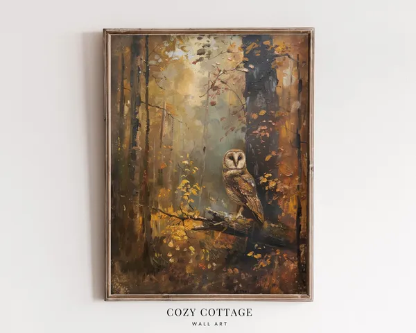 Owl In Moody Autumn Forest Vintage Halloween Art Print