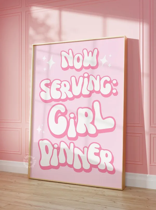 Girl Dinner Pink Kitchen Prints, Preppy Bar Art