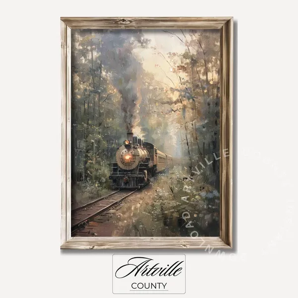 Vintage Steam Train Art, Countryside Sunset Print