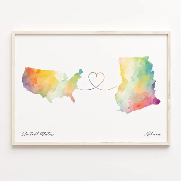 Us To Ghana Watercolor Map Poster, Travel Poster
