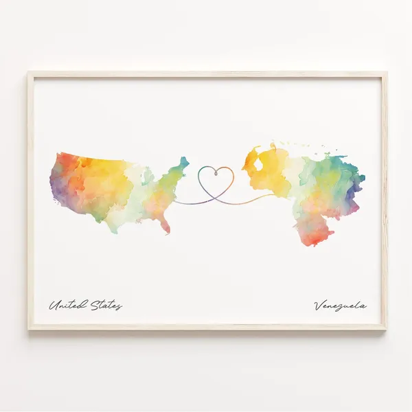 Us to Venezuela Watercolor Map Poster, Travel Print