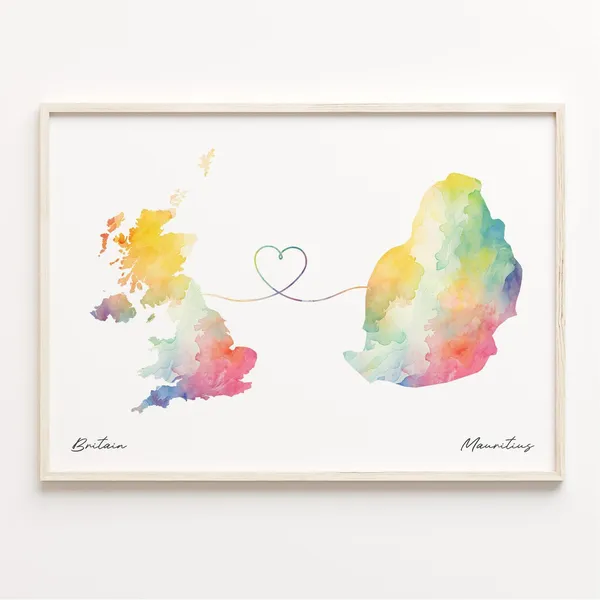 UK to Mauritius Watercolor Map Poster