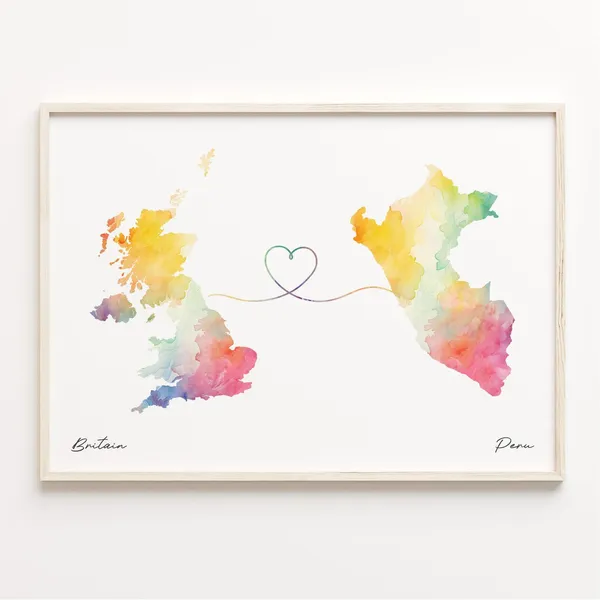 UK to Peru Watercolor Map Poster, Travel Art