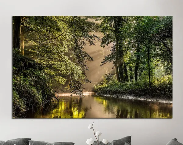 Green Forest River Landscape Art Print, Farmhouse Decor