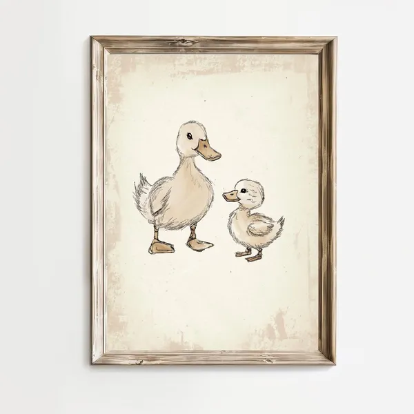 Vintage Mother Duck And Duckling Nursery Art Print