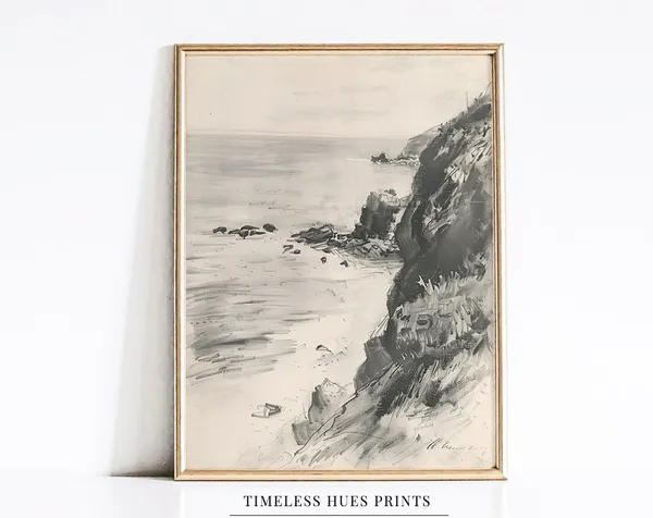 Vintage Coastal Landscape Charcoal Sketch, Travel Poster
