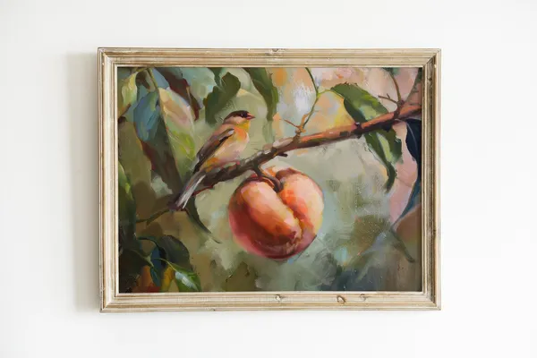 Vintage Kitchen Bird Painting, Rustic Botanical Art Print