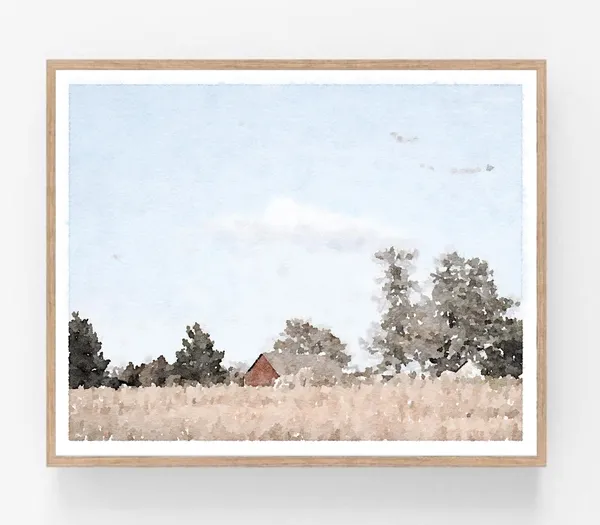 Barn Landscape Watercolor Art Print, Farmhouse Rustic Decor