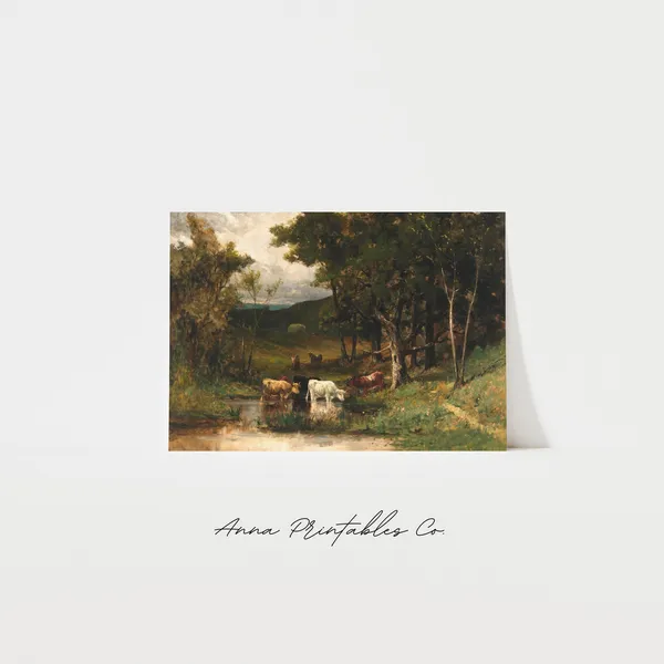 Vintage Cattle Near Stream, Moody Country Landscape Print