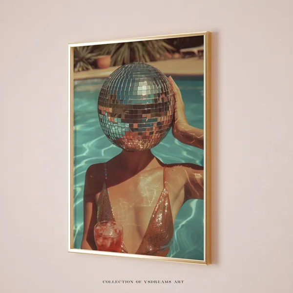 Retro Disco Ball Cocktail Art Print, 70s Style