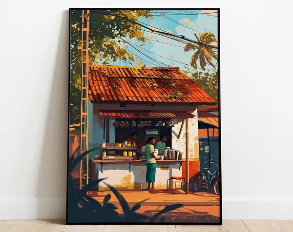 Kerala Chai Shop Art Print, Tropical Village Decor