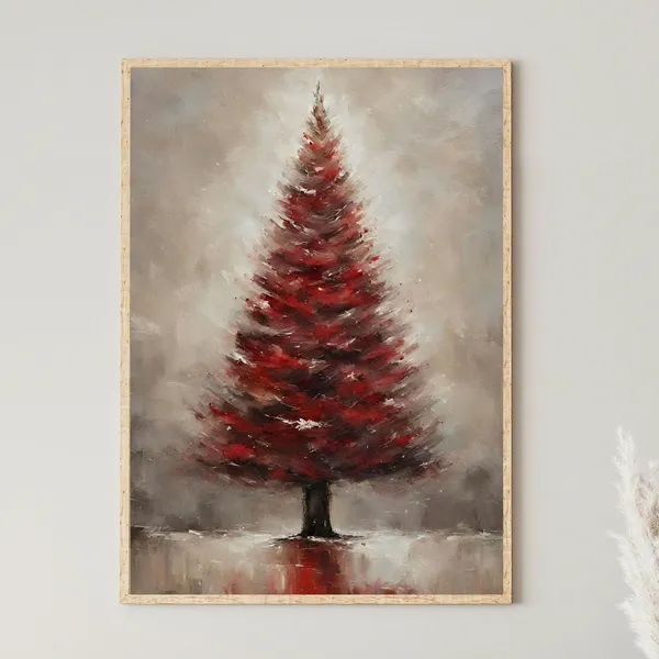 Christmas Tree Print, Red Oil Painting Art Print