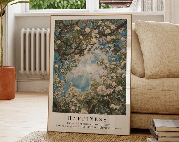 Happiness Poster, Vintage Nature Watercolor Art Print