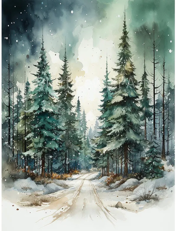 Snowy Winter Trees Christmas Art Print