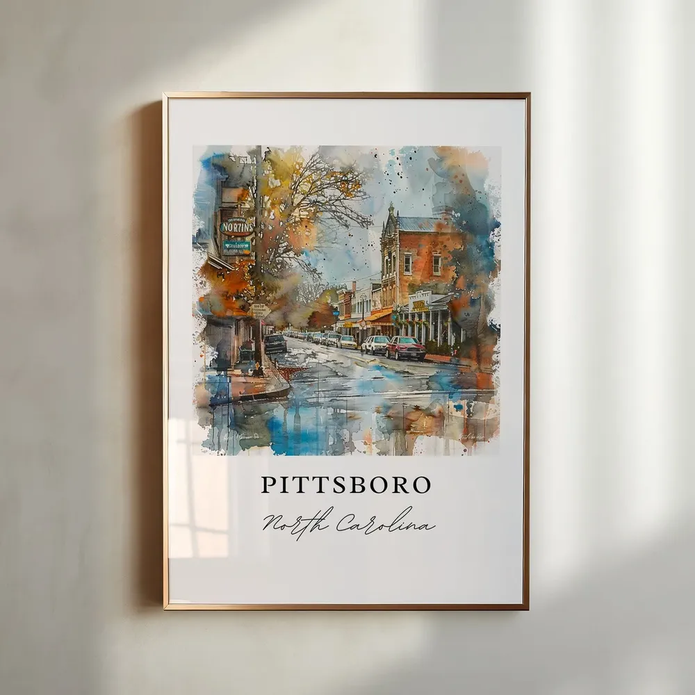 Pittsboro NC Watercolor Travel Poster, Chatham County