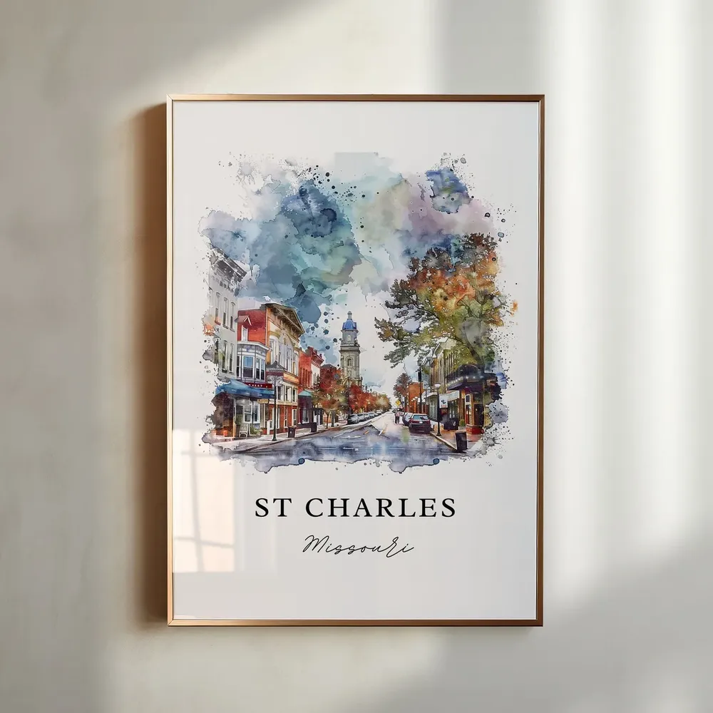 St Charles Missouri Watercolor Travel Poster, Housewarming