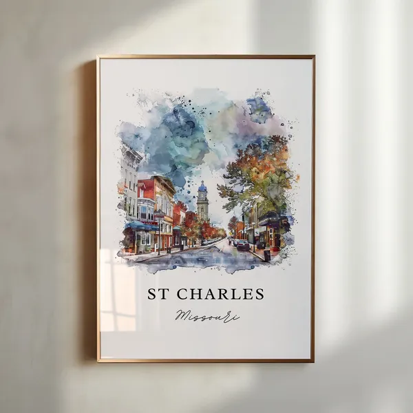 St Charles Missouri Watercolor Travel Poster, Housewarming