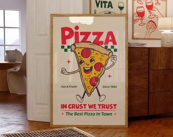 Retro Pizza Poster, 1980s Pizzeria Art Print