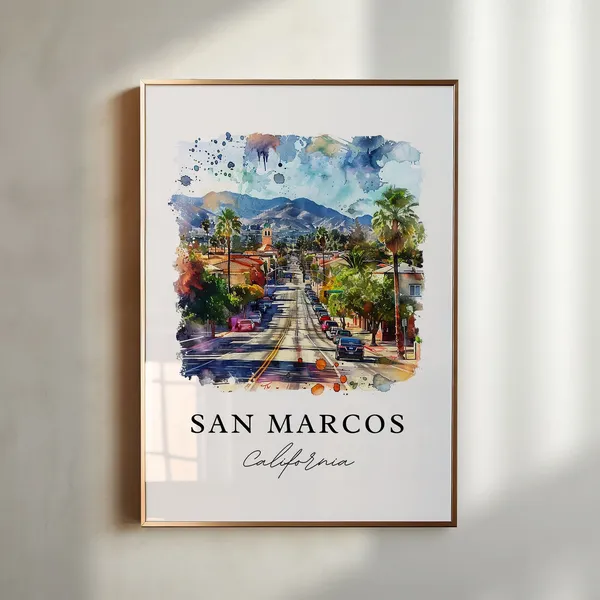 San Marcos California Travel Poster, Watercolor Art