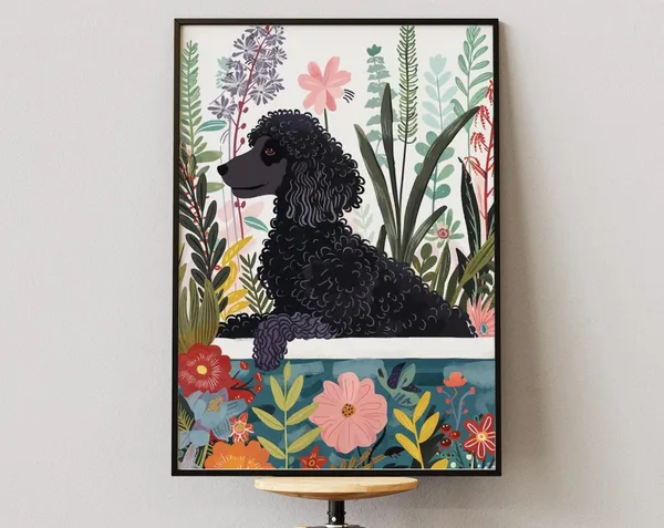 Black Standard Poodle Boho Jungle Botanical Poster