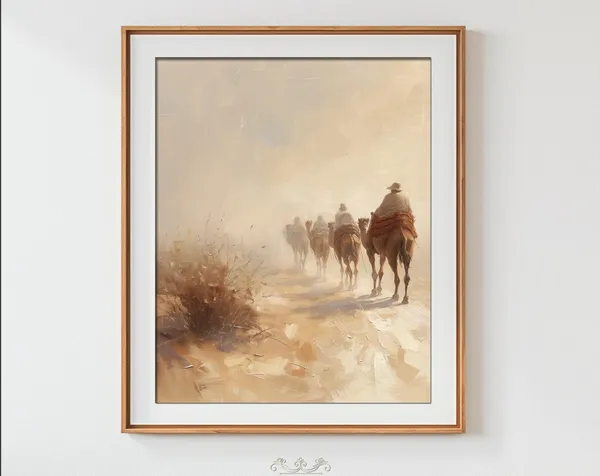 Desert Landscape Oil Painting Art Print, Camel Caravan