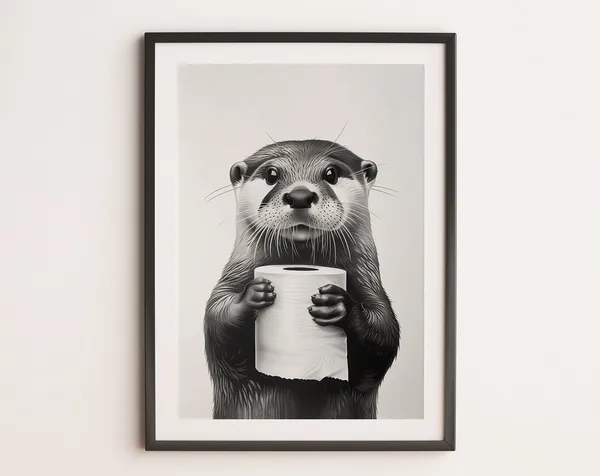 Cute Bathroom Otter Art Print, Black And White