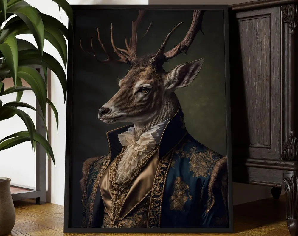 Renaissance Stag Art Print, Dapper Animal Portrait