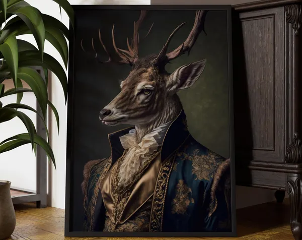 Renaissance Stag Art Print, Dapper Animal Portrait