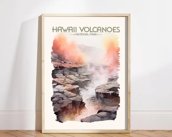 Hawaii Volcanoes National Park Watercolor Travel Poster