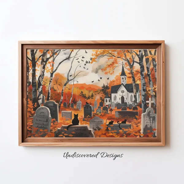Spooky Halloween Cemetery Vintage Art Print