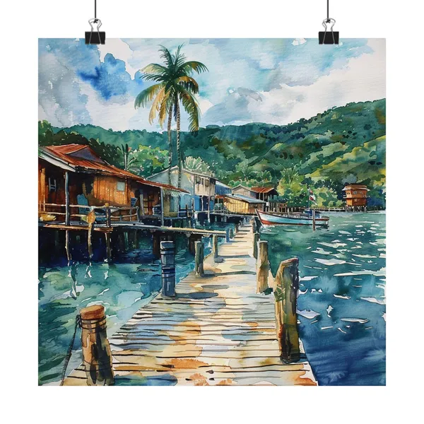 Roatan Watercolor Travel Poster, Coastal Seascape