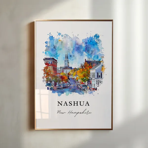 Nashua NH Watercolor Art Print, Travel Poster