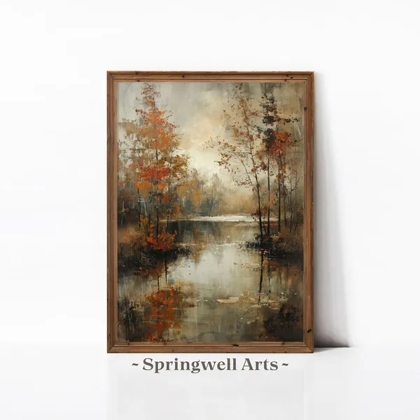 Fall Forest Landscape Painting, Rustic Autumn Lake Art Print