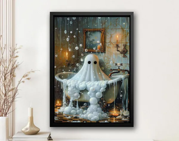 Vintage Ghost In Bathtub, Halloween Bathroom Art Print