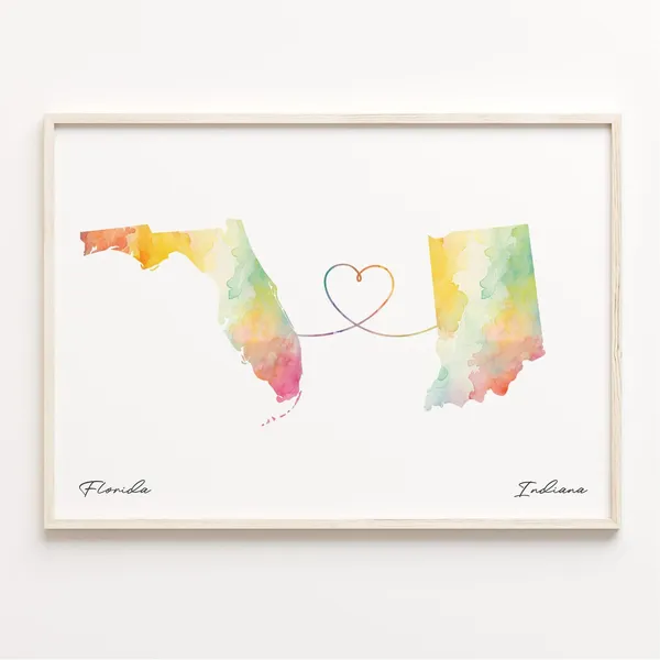 Florida To Indiana Watercolor Map Travel Poster