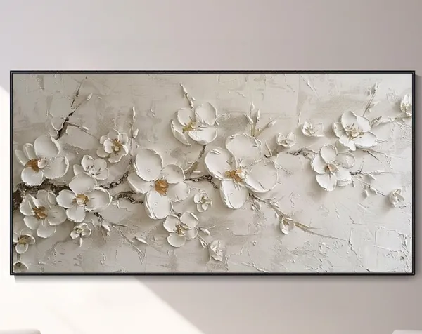 3D Plaster Style White Cherry Blossoms Art Print
