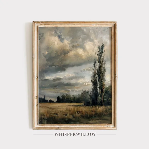Vintage Country Moody Sky Sunset Field Landscape Art Print