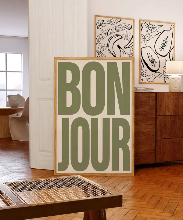 Bonjour Typography Poster Print, Retro French Decor