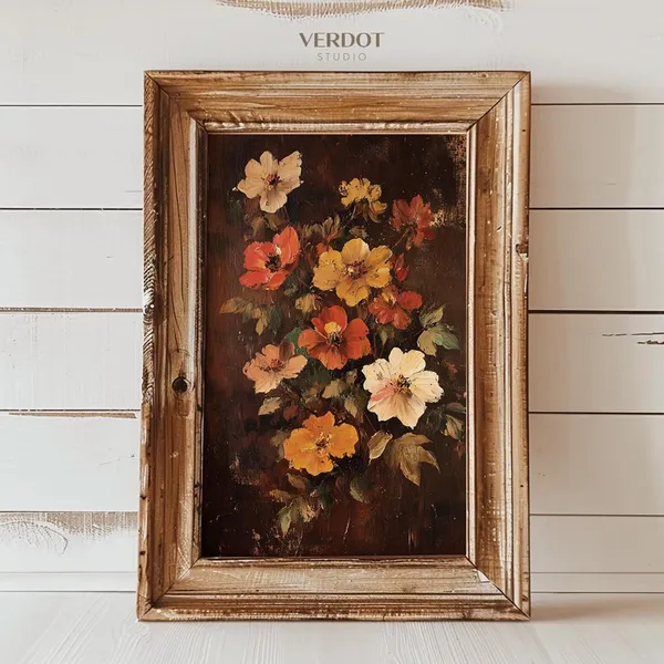 Vintage Fall Flower Painting Art Print, Autumn Floral