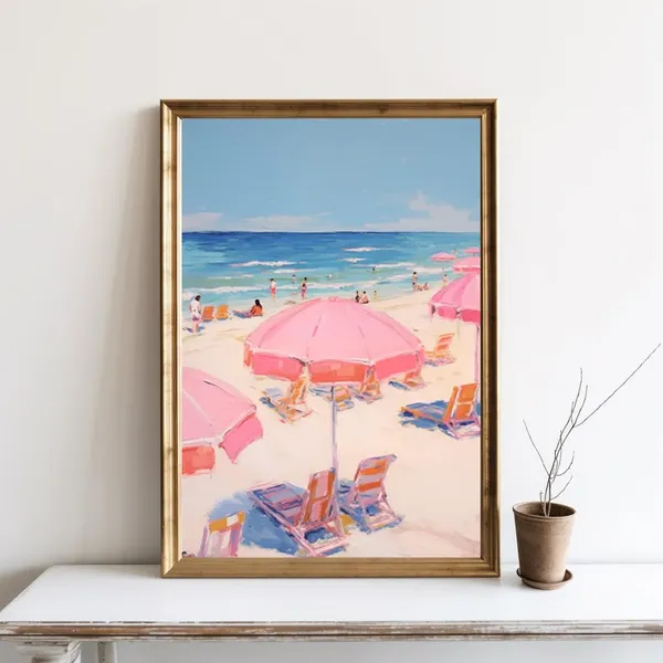 Retro Beach Wall Art, Pink Preppy Coastal Poster