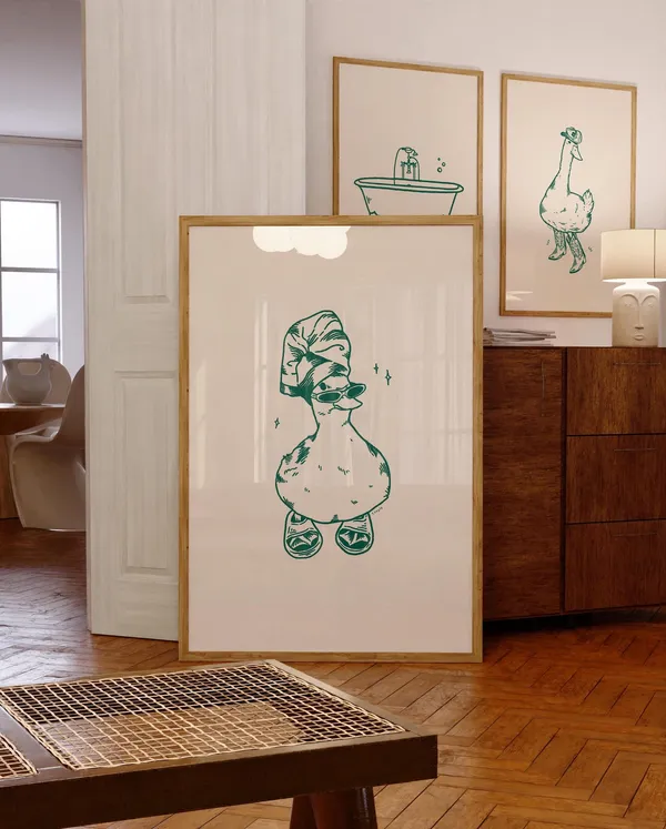 Cool Duck In Slippers, Retro Bathroom Art Print